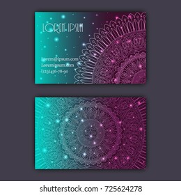 Vector vintage visiting card set. Glowing shiny floral mandala pattern and ornaments. Luxury design