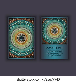 Vector vintage visiting card set. Floral mandala pattern and ornaments. Oriental design Layout. Islam, Arabic, Indian, ottoman motifs. Front page and back page.