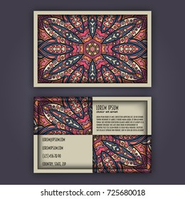 Vector vintage visiting card set. Floral mandala pattern and ornaments. Oriental design Layout. Islam, Arabic, Indian, ottoman motifs. Front page and back page.