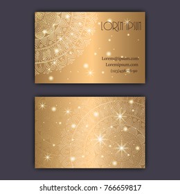 Vector vintage visiting card set. Glowing shiny floral mandala pattern and ornaments. Luxury design