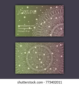 Vector vintage visiting card set. Glowing shiny floral mandala pattern and ornaments. Luxury design