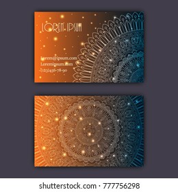Vector vintage visiting card set. Glowing shiny floral mandala pattern and ornaments. Luxury design