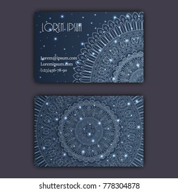 Vector vintage visiting card set. Glowing shiny floral mandala pattern and ornaments. Luxury design