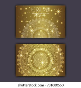 Vector vintage visiting card set. Glowing shiny floral mandala pattern and ornaments. Luxury design
