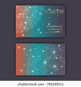 Vector vintage visiting card set. Glowing shiny floral mandala pattern and ornaments. Luxury design