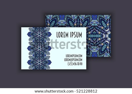 Vector vintage visiting card set. Floral mandala pattern and ornaments. Oriental design Layout. Islam, Arabic, Indian, ottoman motifs. Front page and back page.