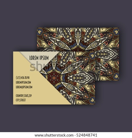 Vector vintage visiting card set. Floral mandala pattern and ornaments. Oriental design Layout. Islam, Arabic, Indian, ottoman motifs. Front page and back page.