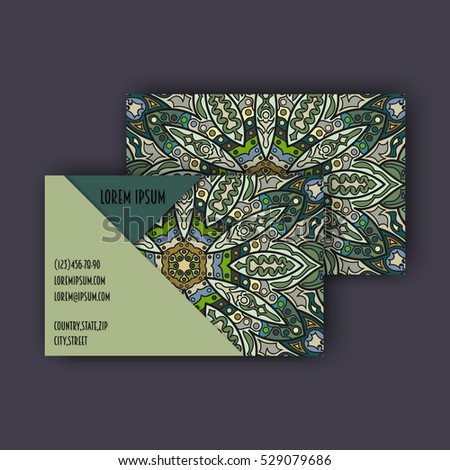 Vector vintage visiting card set. Floral mandala pattern and ornaments. Oriental design Layout. Islam, Arabic, Indian, ottoman motifs. Front page and back page.