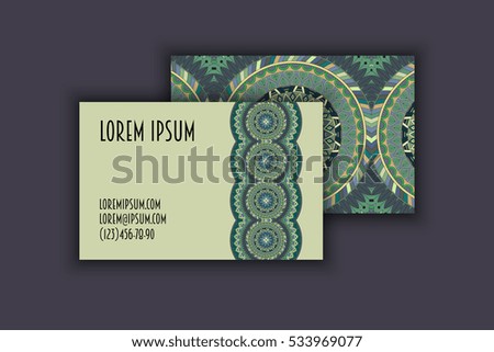 Vector vintage visiting card set. Floral mandala pattern and ornaments. Oriental design Layout. Islam, Arabic, Indian, ottoman motifs. Front page and back page.