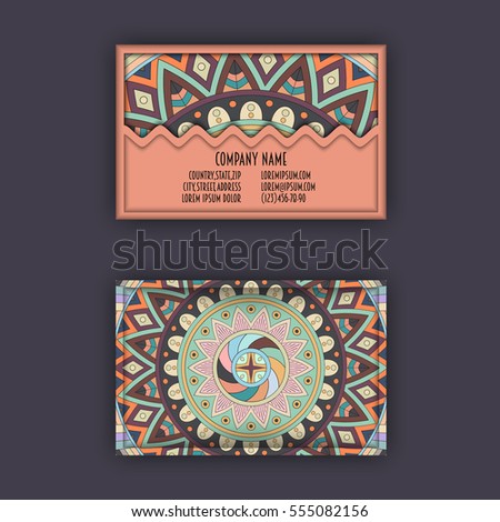 Vector vintage visiting card set. Floral mandala pattern and ornaments. Oriental design Layout. Islam, Arabic, Indian, ottoman motifs. Front page and back page.