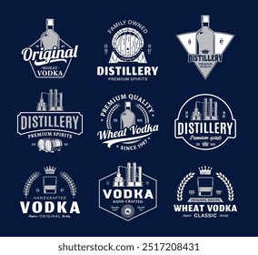 Vetor vintage vodka logotipo isolado em um fundo azul escuro. Elementos de marca comercial e design de identidade de destilação