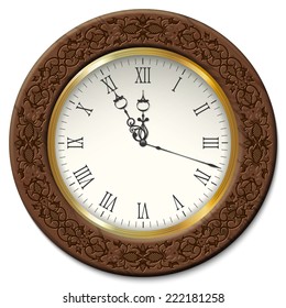 Vector Vintage Wall Clock And Wooden Carved Frame