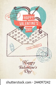 Vector vintage wall decoration poster layout on Valentine's Day | Retro looking romantic decoration template featuring envelope, heart, post stamps and titles