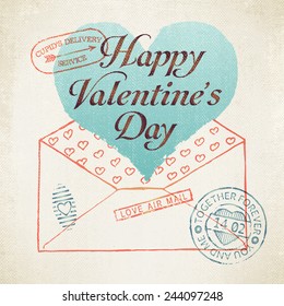 Vector vintage wall decoration poster layout on Valentine's Day | Retro looking romantic decoration template featuring envelope, heart, post stamps and titles