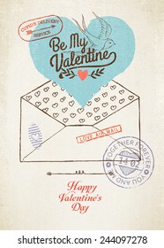 Vector vintage wall decoration poster layout on Valentine's Day | Retro looking romantic decoration template featuring envelope, heart, post stamps and titles