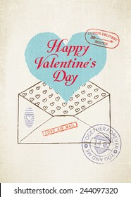 Vector vintage wall decoration poster layout on Valentine's Day | Retro looking romantic decoration template featuring envelope, heart, post stamps and titles