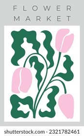 Impresión vectorial de pared con flores, tulipanes, hojas de olas, formas abstractas. Simple forma de planta para estampado, banner, tarjeta, afiche.