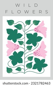 Vector vintage wall print with flowers, wild rose, waves leaves, abstract shapes. Simple hollyhoc shape for stamp, banner, card, poster.