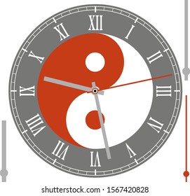 Vector vintage watch dial with Yin Yang and arrows on white background. Illustration clip-art