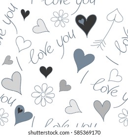 Vector vintage watercolor love hearts seamless background in gray colors. Hand painted elements of I love you text, hearts and flower on white backdrop. Vector illustration.
