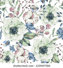 Vector vintage watercolor natural seamless pattern with anemone, wildflowers, cotton, leaf and buds, botanical floral illustration