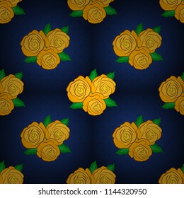 Vector vintage watercolor roses with green leaves seamless pattern (hand drawn) in gray, blue and yellow colors.