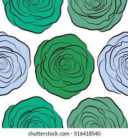 Vector vintage watercolor roses seamless pattern (hand drawn) in green and neutral colors.