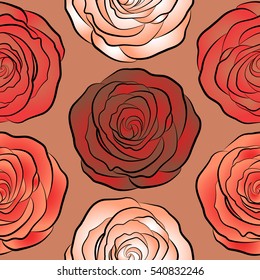 Vector vintage watercolor roses seamless pattern (hand drawn) in white, orange and red colors.
