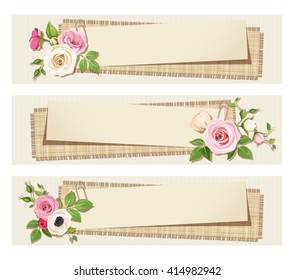 Vector vintage web banners with pink and white flowers on a cardboard background.