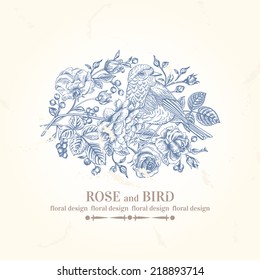 Vector vintage wedding card with bird, roses and berries. 