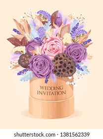 Vector vintage wedding card with dry flowers