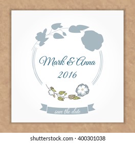 Vector vintage wedding card. Flower pansies wreath. Template for life events, invitation, congratulation, greeting. Rustic style. Natural country concept. Wildflowers frame. Save the date 