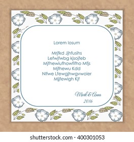 Vector vintage wedding card. Flower pansies background. Template for life events, invitation, congratulation, greeting. Rustic style. Natural country concept. Wildflowers frame. 