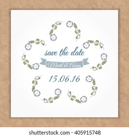 Vector vintage wedding card. Flower pansies wreath. Template for life events, invitation, congratulation, greeting. Vintage and rustic style. Natural country concept. Wildflowers frame. Save the date 