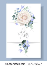 Vector vintage wedding invitation card with white garden rose and sweet pea flowers on white. Save the date floral design for wedding ceremony. Can be used as birthday greeting card