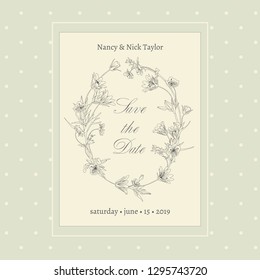 Vector vintage wedding invitation. Hand drawn gray flower wreath on polka dot olive background with rectangle frame. Botanical elegant decorative save the date, thank you, RSVP card design template.
