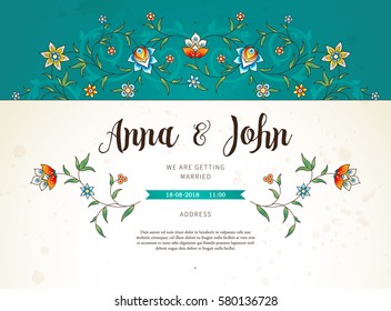 Vector vintage wedding invitation; ornate frame for design template. Eastern style elements. Luxury floral illustration. Place for text.Ornamental decor for greeting card, save the date, background.