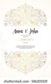 Vector vintage wedding invitation; ornate frame for design template. Eastern style elements. Luxury floral illustration. Place for text.Ornamental decor for greeting card, save the date, background.