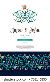 Vector vintage wedding invitation; ornate frame for design template. Eastern style elements. Luxury floral illustration. Place for text.Ornamental decor for greeting card, save the date, background.