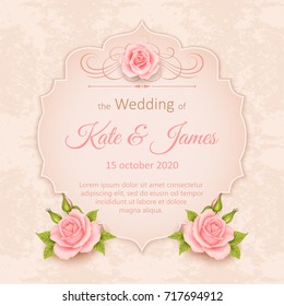 Vector vintage wedding invitation with roses.