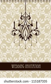 vector vintage wedding invitation with seamless floral ornament and chandelier,fully editable file,  seamless pattern in swatch menu, standart AI font