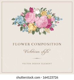 Vector vintage wedding postcard in Victorian style. Composition of colorful flowers on a gray background. Roses, tulips, delphinium. Design element.