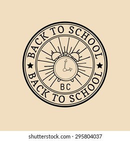 Vector vintage Welcome Back to school logo or badge. Retro sign with alarm clock. Children education icon. Knowledge day design concept. 