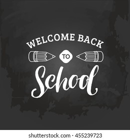 Vector vintage Welcome Back to school logo. Retro sign with pencils. Children education background. Knowledge day design concept.