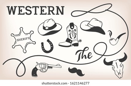 Vector vintage western illustration with set of wild west accessory on brown color background. Line art style cowboy design for web, site, banner, poster, sticker, print