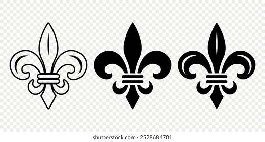 Vetor Vintage branco e preto Fleur De Lis Icon Set isolado. Lírio Heráldico, Elemento de Design Retrô. Ilustração de vetor