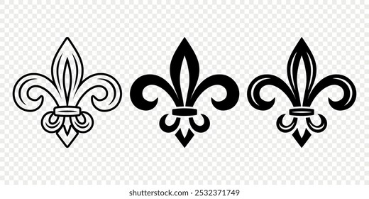 Vetor Vintage branco e preto Fleur De Lis Icon Set isolado. Lírio Heráldico, Elemento de Design Retrô. Ilustração de vetor