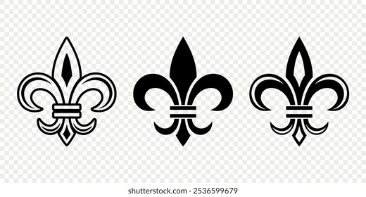 Vetor Vintage branco e preto Fleur De Lis Icon Set isolado. Lírio Heráldico, Elemento de Design Retrô. Ilustração de vetor