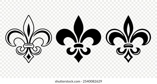 Vetor Vintage branco e preto Fleur De Lis Icon Set isolado. Lírio Heráldico, Elemento de Design Retrô. Ilustração de vetor