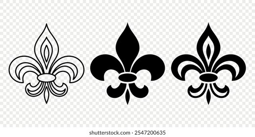 Vetor Vintage branco e preto Fleur De Lis Icon Set isolado. Lírio Heráldico, Elemento de Design Retrô. Ilustração de vetor